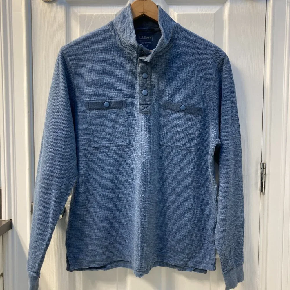 L.L. Bean Mid Blue / Grey Snap T Pocket Pull Over Cotton Sweater Size Large